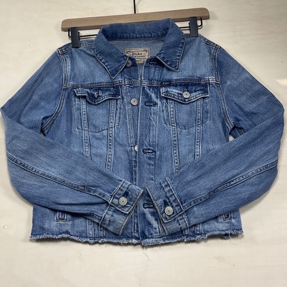 Y2K Polo Ralph Lauren Girls Denim Trucker Jacket Blue Cropped Raw Hem Size 14